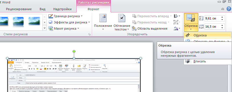 Как быстро добавить снимок экрана в документ Office 2010