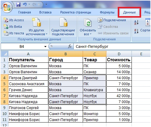 Группировка ячеек в Excel 2007